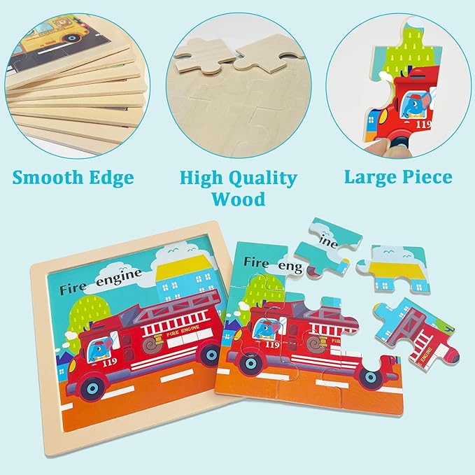 Wooden Puzzles for Toddlers, 9 Pieces Vehicle Jigsaw Puzzles for Kids Ages 3-5 4-6, Preschool Learning Activities, Learning & Educational Toys, Gifts for Boys, Girls (8 Pack)
