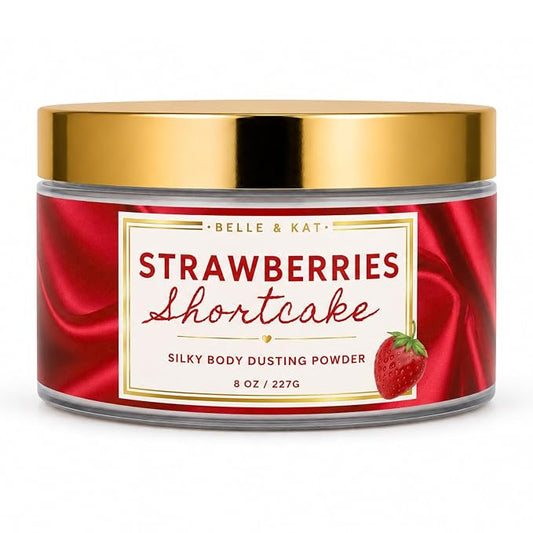 Body Powder for Women & Men Scented Strawberries & Shortcake, Bath Perfume Dusting Powder with Fragrance & Essential Oils, Talc Free Large 8oz Container with Puff, Made in USA