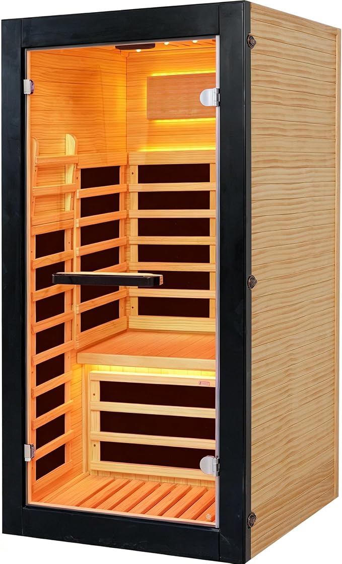 Sauna Far Infrared Saunas 1 Person Low EMF Indoor Personal Sauna | Dry Sauna Room with Starry Lights Ceiling Speakers for Home Gym Spa Fast Heating Easy Assembly 30.7x 30.7x62.2"