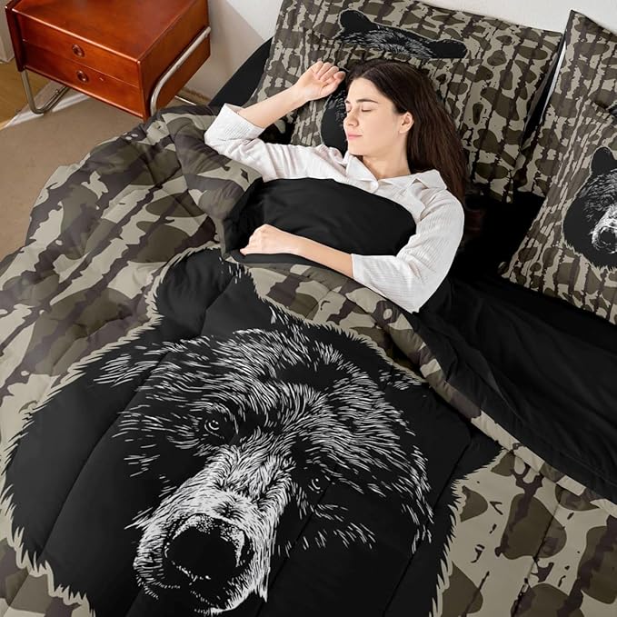 Feelyou Camouflage Camo Bear Comforter Set with Sheets 7 Piece King Size Hunting Wild Animal Deer Bed in a Bag Kids Boys Girls Rustic Farmhouse Bedding Set Bedroom Decor Soft Lightweight Microfiber