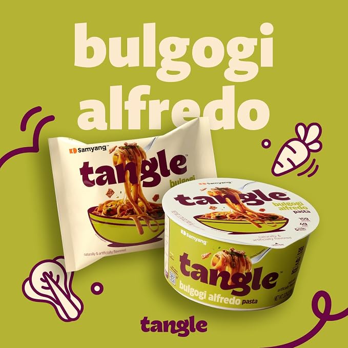 Tangle Bulgogi Alfredo Instant Pasta, 15g Protein Fettuccine, 4g Fiber 4pk | 15g protein, 4g fiber per serving; Chickpea-based air-dried noodle; Sweet-savory bulgogi meets creamy alfredo; Ready in 5min