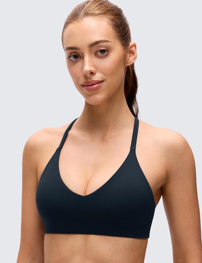 CRZ YOGA Butterluxe Low Coverage V Neck Sports Bras for Women - Spaghetti Straps Racerback Padded Yoga Top