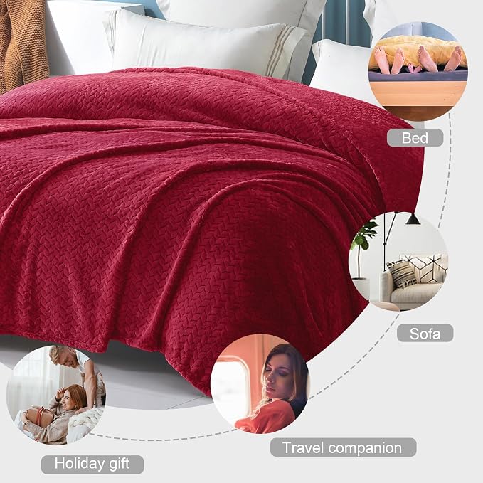 Exclusivo Mezcla Soft Fleece Bed Blanket Twin Size, 60”x80”, Deep Red | Cozy Fluffy Lightweight Blankets for Summer, Decorative Plush Flannel Throws for Living room, Bedroom with Leaves Pattern