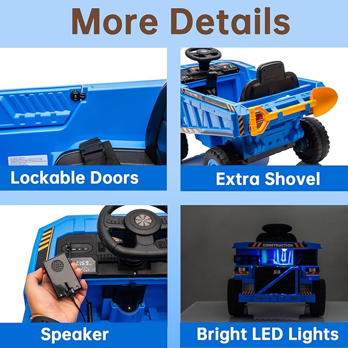 POSTACK 12V Ride On Construction Truck,Battery Powered Ride On Car with Remote Control, Kids Electric Vehicle with Shovel, Speaker, Bluetooth, Music,Boys Girls Gift, 3 Speeds,Blue