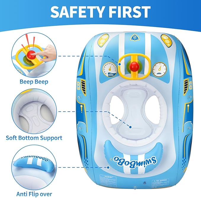 Swimbobo Toddler Pool Float Inflatable Car Baby Swim Float with Adjustable Sun Canopy and Safety Seat Pool Toys for Kids 3+ Years Old (Blue Sports Car)