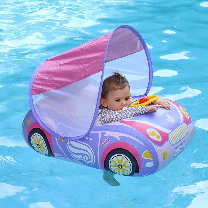 Swimbobo Toddler Pool Float Inflatable Car Baby Swim Float with Adjustable Sun Canopy and Safety Seat Pool Toys for Kids 3+ Years Old(Purple Pink Car)