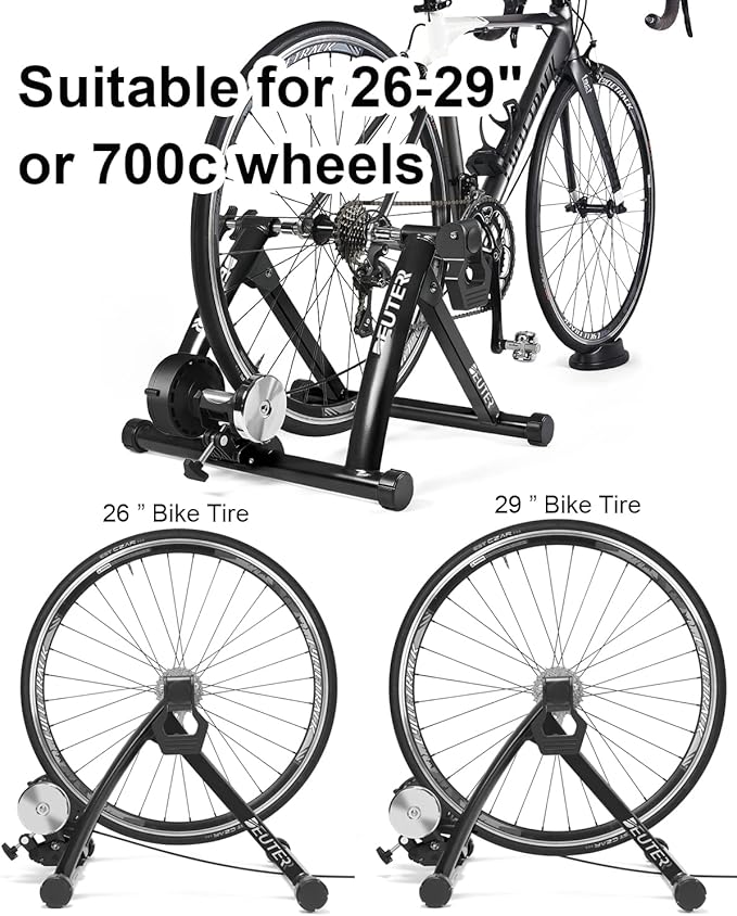 Bike Trainer, Magnetic Bicycle Stationary Stand for Indoor Exercise Riding, 26-29" & 700C Wheels, Quick Release Skewer & Front Wheel Riser Block Included