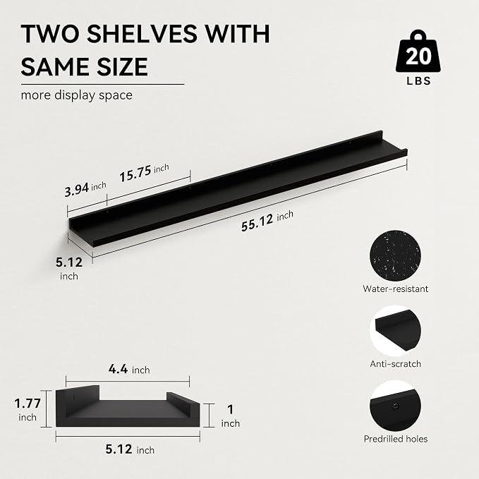 Boswillon Floating Shelves Set of 2, Long Wall Shelf with Lip, 56in, Black | Display Ledge Shelf for Room Wall, Wall Decor Shelves for Bathroom, Living Room, Bedroom, Kitchen, Nursery Room, Modern, Wood