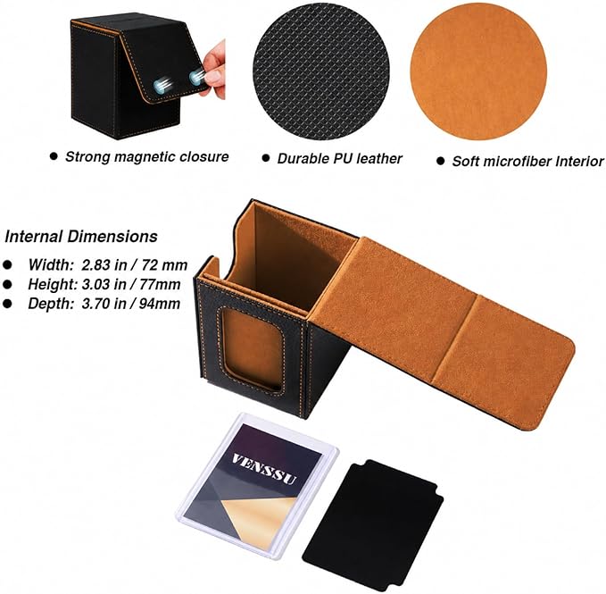 Venssu MTG Deck Box for Commander Display,Card Deck Box Fits 100 Double Sleeved Cards, TCG Card Storage with 2 Dividers and 1 Toploader (Black＆Brown)