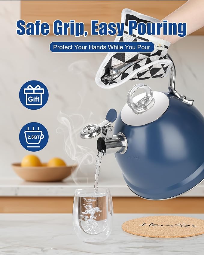 Harriet Tea Kettle Stovetop, 2.5 Quart Whistling Stainless Steel Tea Pot, 3-Layer Base, Unique Ergonomic Handle, Includes Pot Holder & Mat, Electric/Induction/Gas Stovetops Applicable, Blue