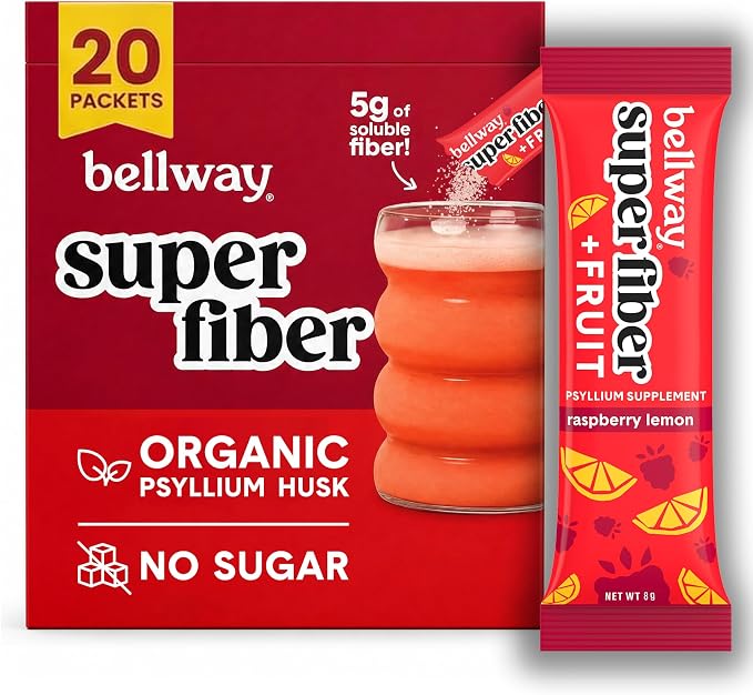 Bellway Super Fiber Packets + Fruit, Sugar Free Organic Psyllium Husk Powder Fiber Supplement to Go for Regularity, Bloating Relief & Digestive Health, Plant-Based, Raspberry Lemon (20 Packets)