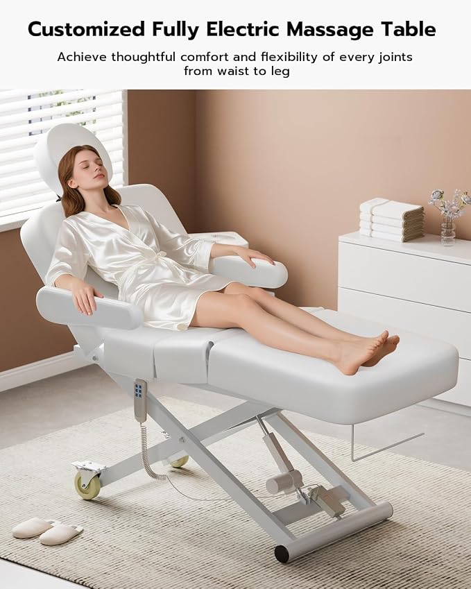 Paddie 3 Motor Fully Electric Massage Table Professional with Face Cradle, Customized Angle Folding, 550lbs Height Adjustable with Rolling Wheels, White