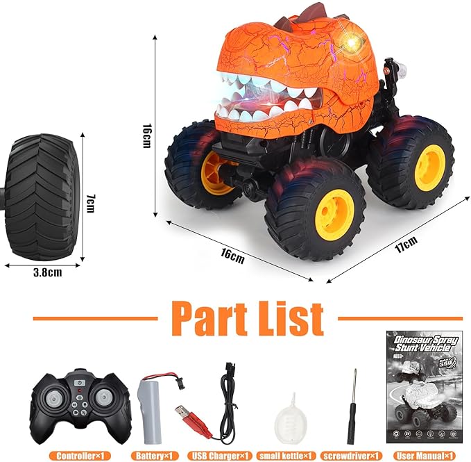 TODKISS Dinosaur Remote Control Car, Monster Truck Toys with Spray, Light & Sound, 2.4GHz All Terrain RC Cars for Boys Age 4-7, Birthday Gifts for Kids 3-5 6 7 8-12
