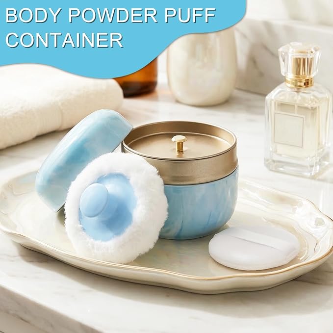 Shimido Body Powder Puff And Container, 3.15" Portable Empty Container For Baby Women's Loose Dusting Powder, Powder Case Box With Lids For Bath, Travel And Home Use (Aqua Blue)