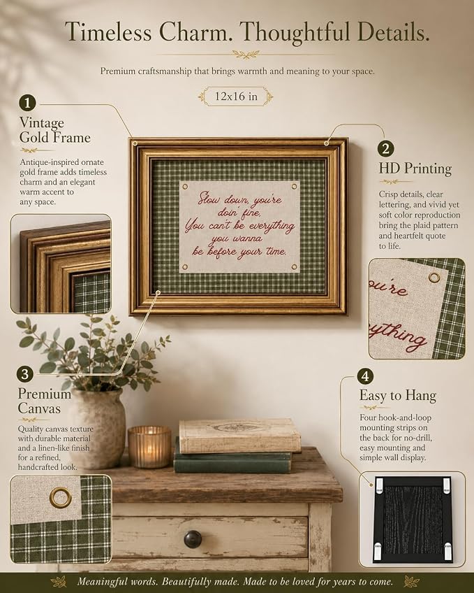Vintage Gold Framed Wall Art, Slow Down You're Doing Fine Quote, 12x16 in | Green plaid canvas print, retro song lyric decor, daily reminder for bedroom, living room, office, dorm, or entryway