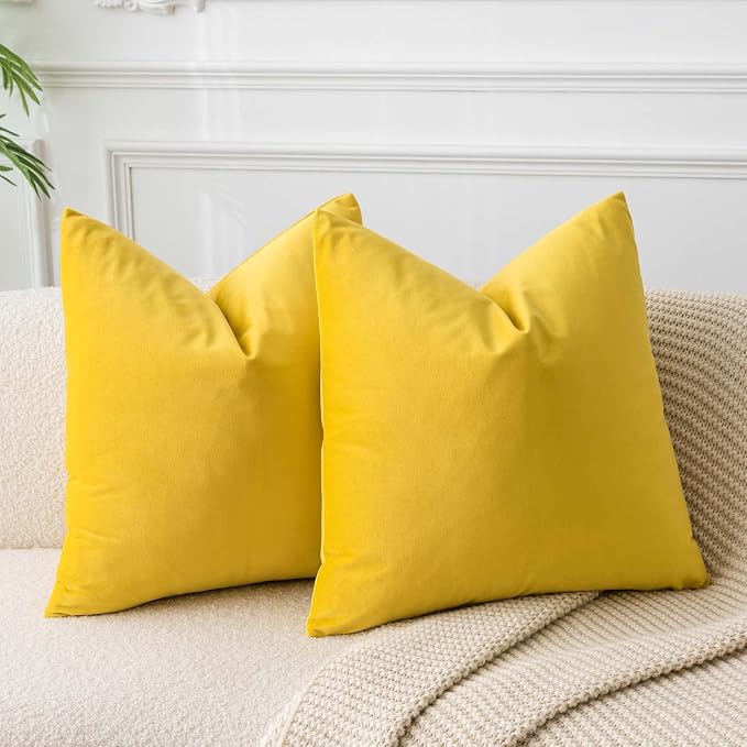 Yellow 22x22 Throw Pillow Covers Set of 2 Decorative Velvet Cushion Covers | Soft Pillow Cases with Invisible Zipper for Modern Couch Sofa Bed Living Room Bedroom Home Decor
