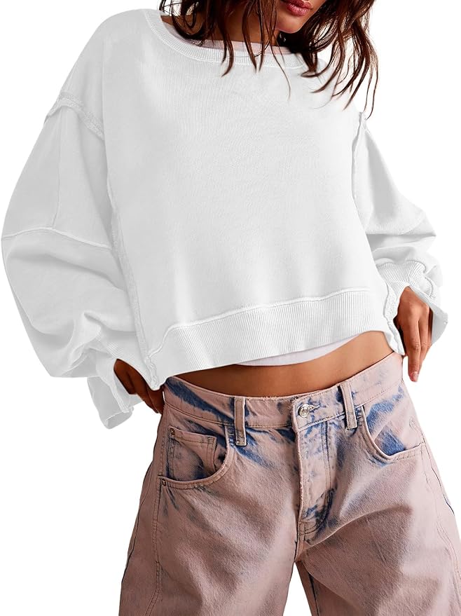 Zwurew Womens Casual Sweatshirt Cropped Shirts | Loose Fit, Tee Top, Pullover, Crop Hem, Design Trim, Daily Tops