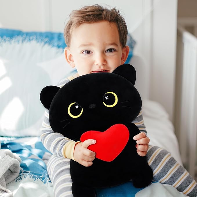 Achwishap Black Cat Plush,Cute Cat Stuffed Animal-14” Kawaii Black Cat Plush Toys Birthday Gifts for Girls Boys Adults,Cute Plushies Soft Kitten Plushie Cuddle Pillow for Kids,Red Love Heart Plush