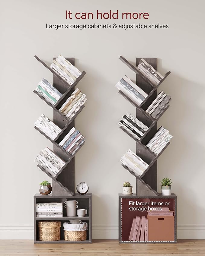 SUNMORY 6 Tier Tree Bookshelf, Tall Small Bookcase with Storage Cabinet | Modern Narrow Bookshelves Organizer, Floor Standing Book Case Shelf for Bedroom Living Room Home Office Corner, Grey