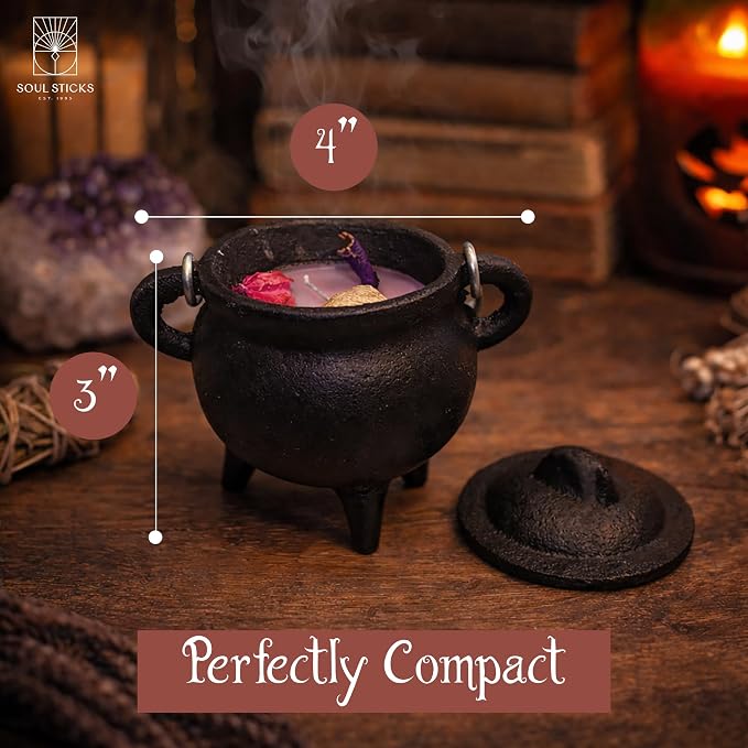 Reusable 4-Inch Cast Iron Cauldron Candle with Lid and Hanging Handle | Ritual & Aromatherapy Candle for Spell Casting, Smudging, Home Cleansing | Herb-Infused with Essential Oils (Lavender)