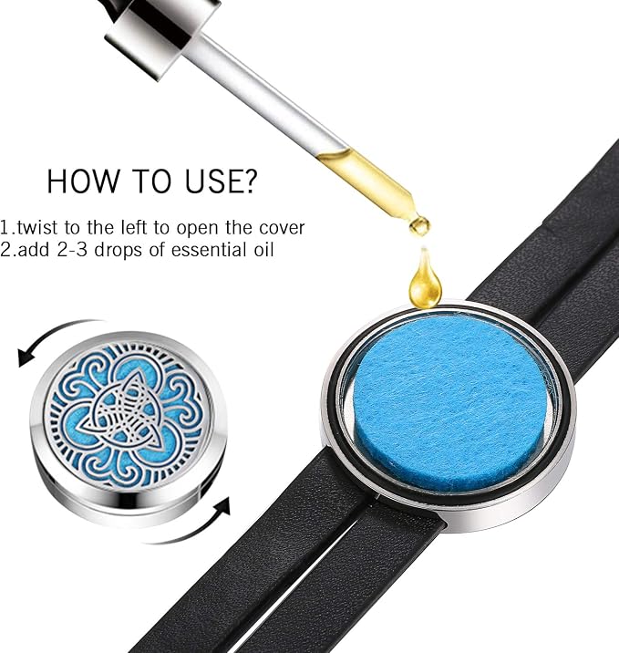 Essential Aromatherapy Oil Diffuser Locket Hollow Celtic Charm Leather Wrap Bracelet with 6 Color Pads,Size Adjustable,Black | Stainless Steel + Leather Design, Daily/Party/Gift, Hypoallergenic & Durable, Adjustable Fit