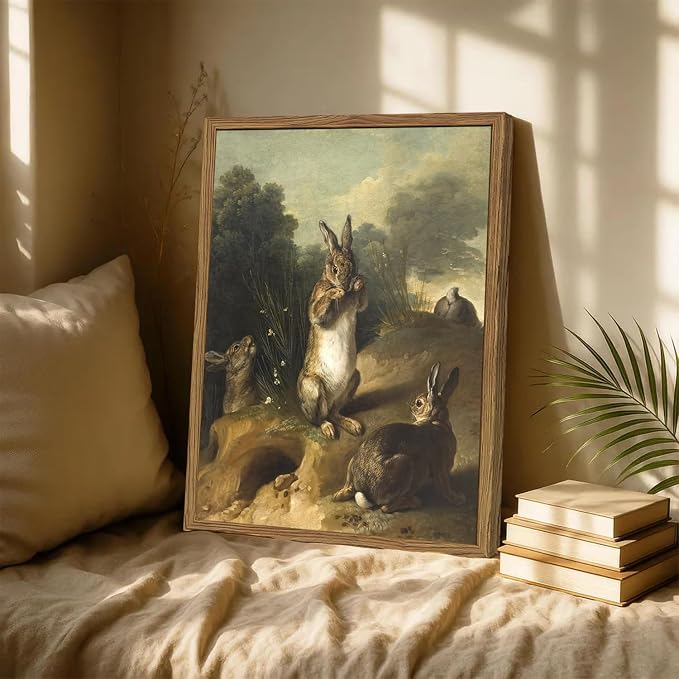 Vintage Easter Rabbit Wall Art, Rustic Bunny Wall Decor Painting Cottagecore Animal Poster Canvas Prints Picture for Living Room Farmhouse Bedroom 12x16 inch Wood Framed