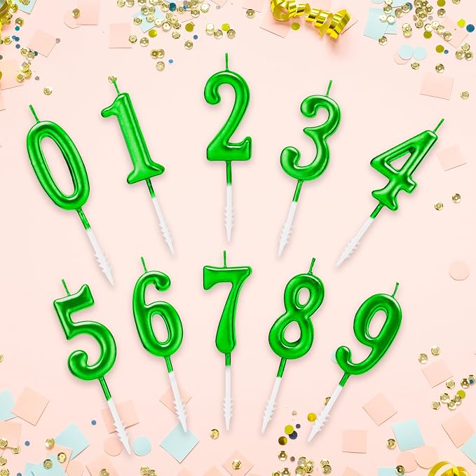 Beanlieve Green Numeral Birthday Candles - Cake Numeric Candles Number 0 1 2 3 4 5 6 7 8 9,Used for Cake Decoration on Birthday Parties and Wedding Anniversary Celebrations(10 Pieces)