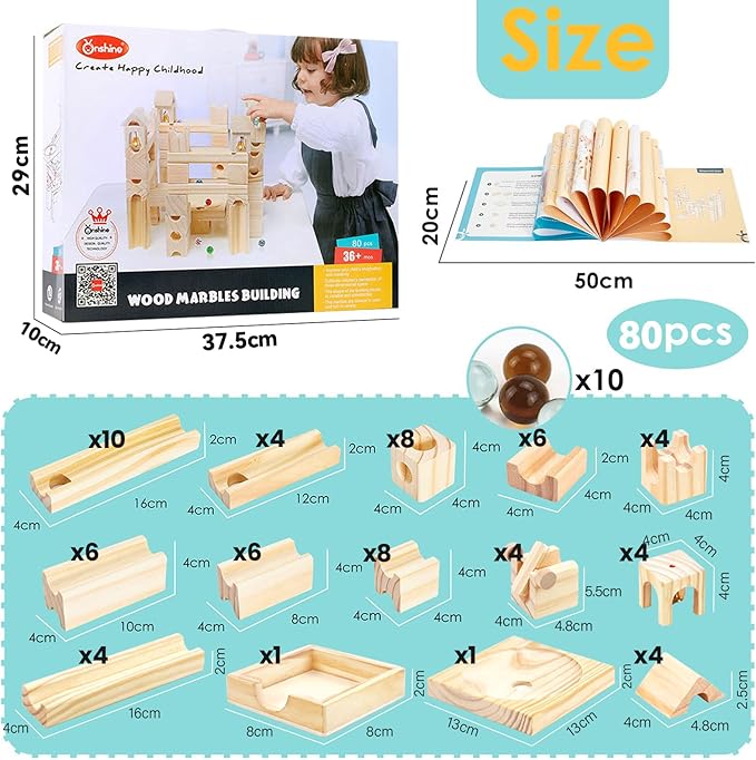 Wooden Marble Run for Kids Ages 4-8, 80 Pieces Wood Building Blocks Toys and Construction Play Set, Marble Track Maze Game STEM Learning Toys Gifts for Boys Girls (80pc Set)