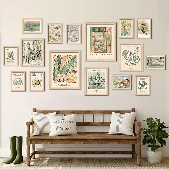 16 PCS Framed Sage Green Wall Art Decor, Matisse Wall Prints for Bedroom, Gallery Wall Frame Set, Abstract Posters for Living Room Aesthetic, Collage Kit Pictures, Boho Dorm Home Decor