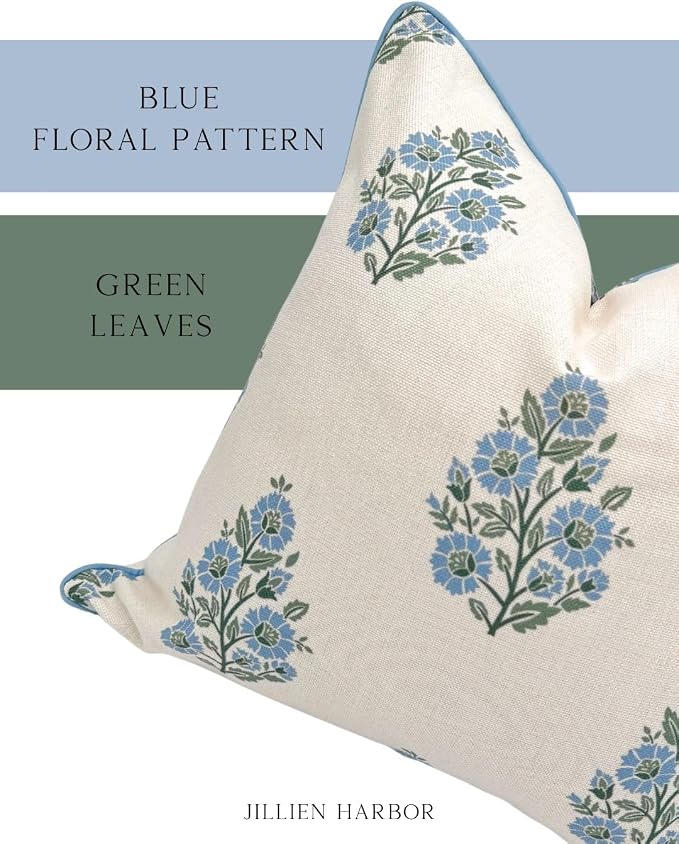 “The Camille” Floral Block Print Pillow Cover – Soft Blue and White Decorative Throw Pillow Cover – Grandmillennial Home Decor, 20" x 20"