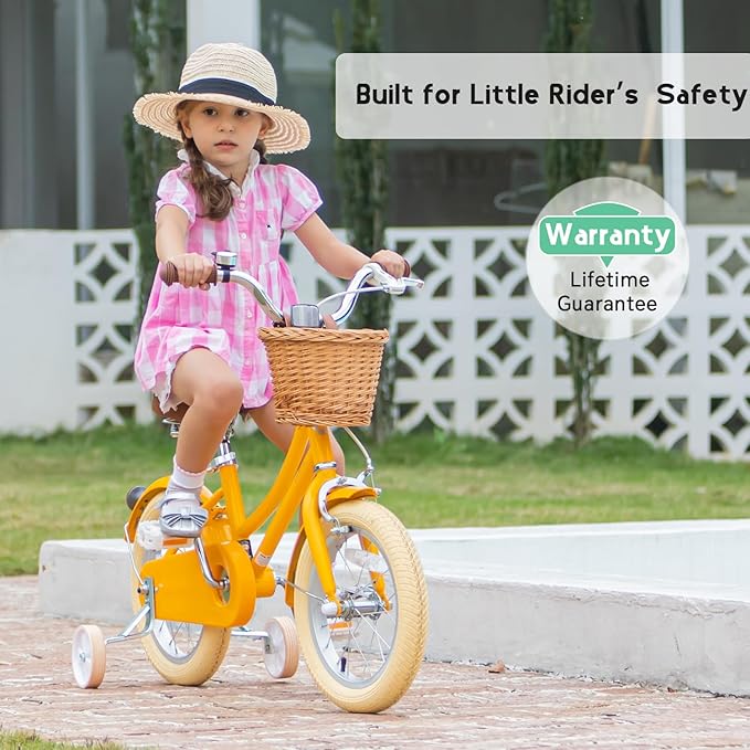Glerc Little Molly 12-20 Inch Kids Retro Cruiser Bike for 2-13 Year Old with Wicker Basket & Training Wheels/Kickstand, Multiple Colors