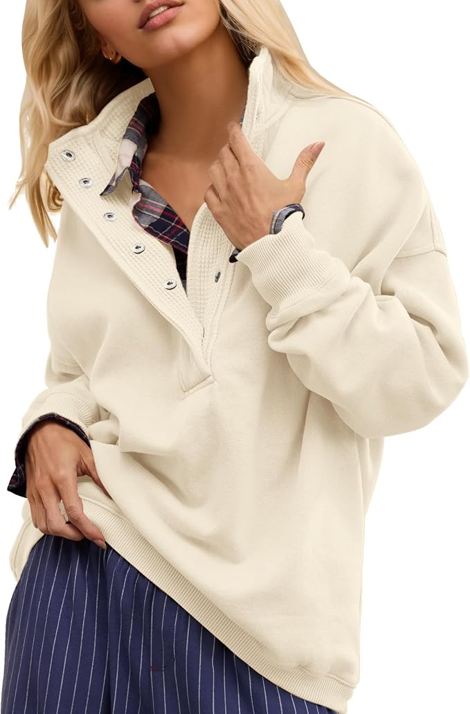 Gacaky Sweatshirt for Women Oversized Casual Long Sleeve Button Henley Neck Pullover Tops Fashion Outfits Clothes