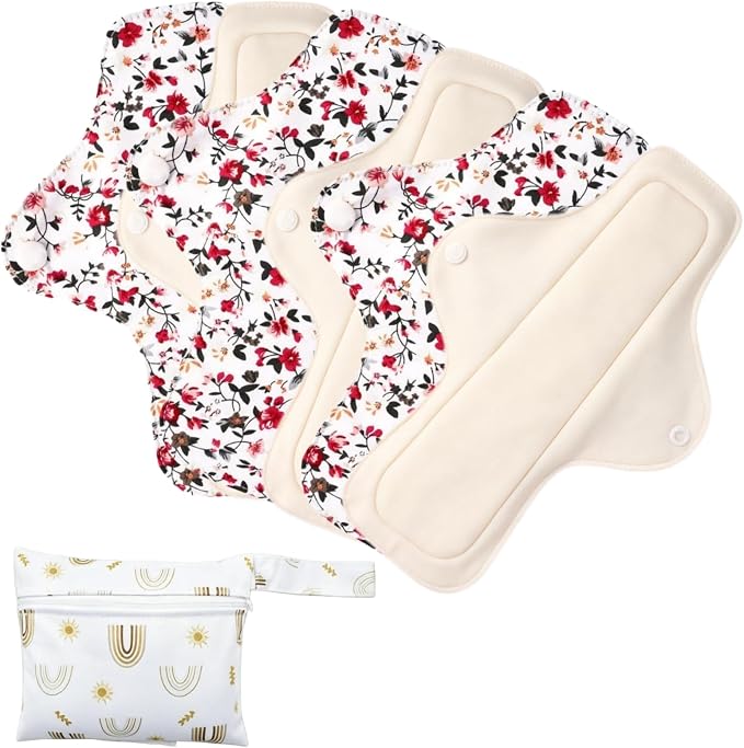 Washable Menstrual Pads,Reusable Incontinence Pads,Panty Liners Pads,Period Pads Sanitary Napkins,with 1 Storage Bag,for Women Postpartum/Incontinence Patients(Cotton Red flower/M/6pcs)