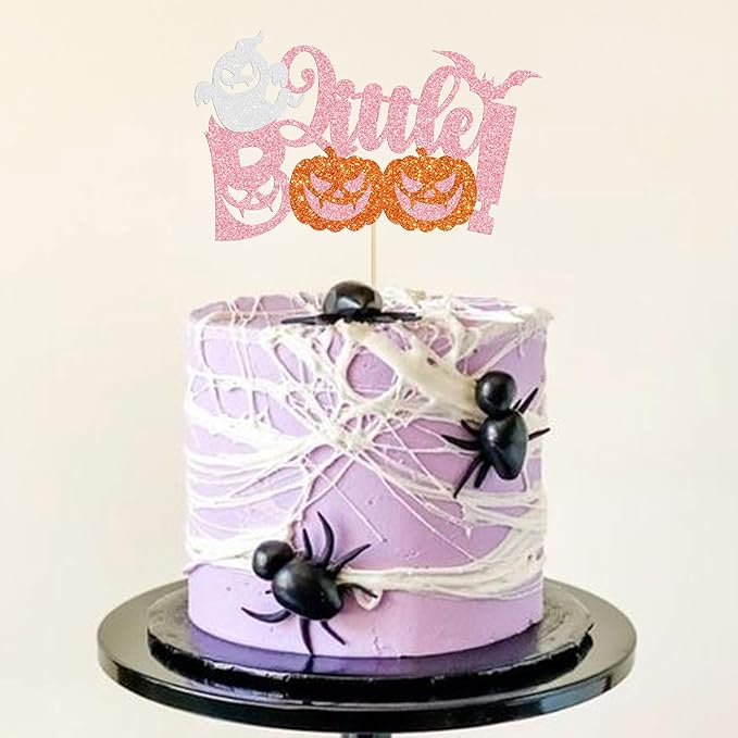 Gyufise 1Pc Little Boo Halloween Cake Topper Pink Glitter Pumpkin Ghost Halloween Baby Shower Cake Decorations for Halloween Theme Baby Shower Kids Birthday Party Supplies