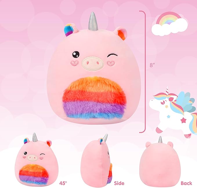 Easfan Rainbow Unicorn Plush Pillow Plush Toy, Unicorn Stuffed Animal Soft Plushie Toy for Kids Girls Birthday Valentine Gift, 8"