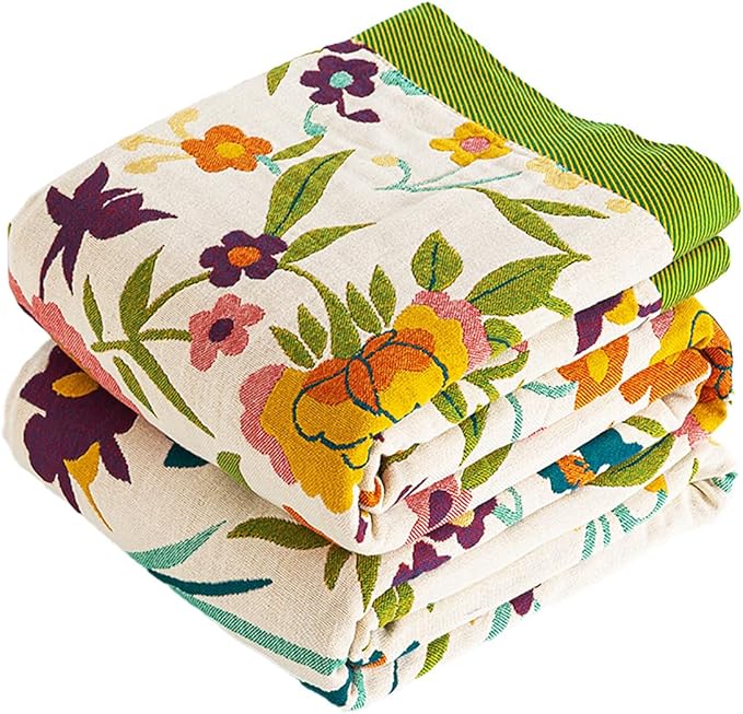 VANJOROY Boho Throw Blanket for Bed, 100% Organic Cotton Breathable Ultra Soft 60" x 80" Quilt Throw - All Season Floral Rustic Farmhouse Decor Luxury Reversible Blanket for Sofa Couch Chair and Gift