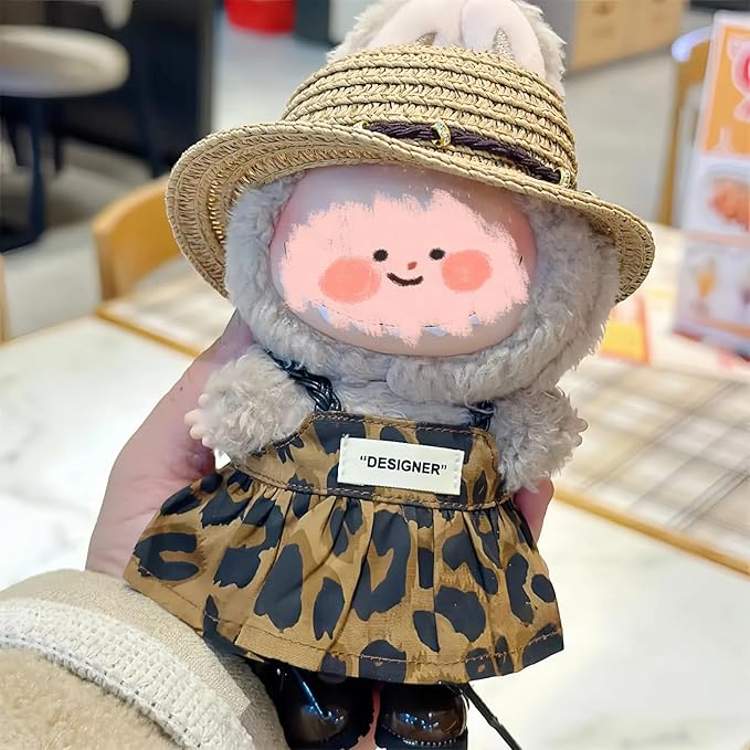 4/5/6 Set Doll Clothes Compatible with 17cm labubu, Clothes for Dolls Outfit, Contain Hat +Glasses+ Summer Camisole Dress+Mini Bag+ Mini Camera + Shoes, No Doll Include (Brown-3)