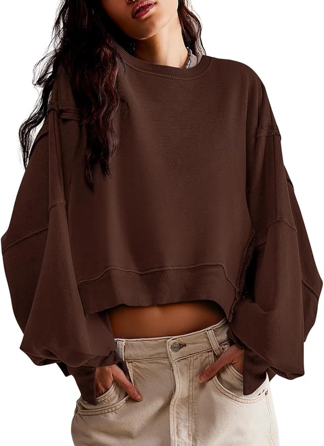 Zwurew Womens Casual Sweatshirt Cropped Shirts | Loose Fit, Tee Top, Pullover, Crop Hem, Design Trim, Daily Tops