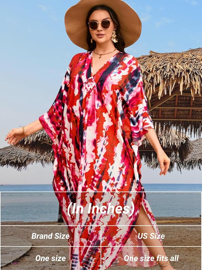 ChiaoLezhee Print Moo-Moos for Women, Kaftan Cover-Up Dresses, Sexy V-Neck High-Slit, Beach Pool-Party Coverups Muumuu Plus