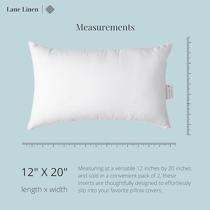 LANE LINEN 12x20 Pillow Insert - Pack of 2 White Decorative Pillows for Sofa Bed, Fluffy Pillow Inserts for Cushion Covers, Bed, Couch Pillows for Living Room | Minimalist Inserts For Lumbar Back Support - Machine Washable, Ultra-Soft 120 GSM Fabric, F...