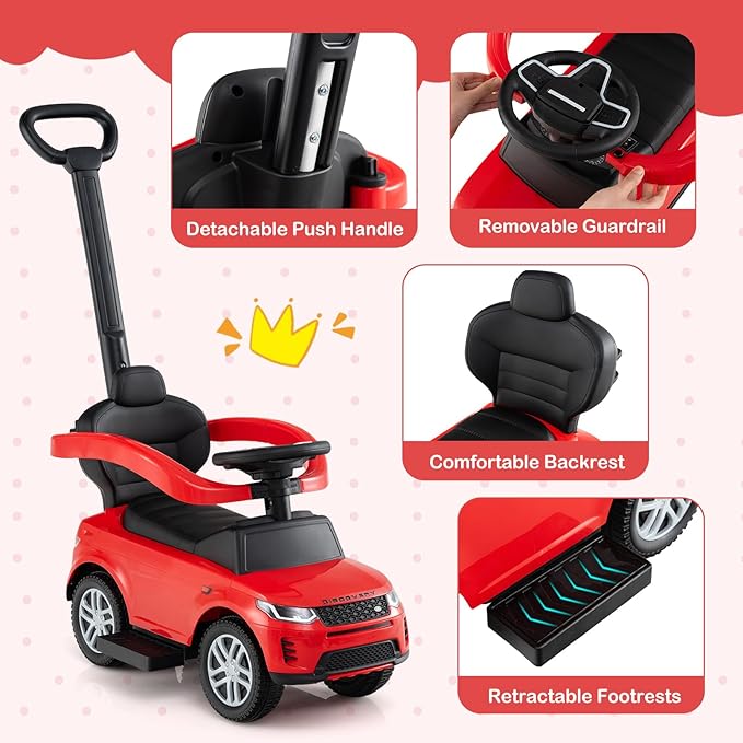 Costzon Push Car for Toddlers, 3 in 1 Land Rover Discovery Stroller Sliding Walking Car with Handle, Horn Sound, Underneath Storage, Armrest Guardrail, Foot-to-Floor Ride On Toy for Boys Girls (Red)