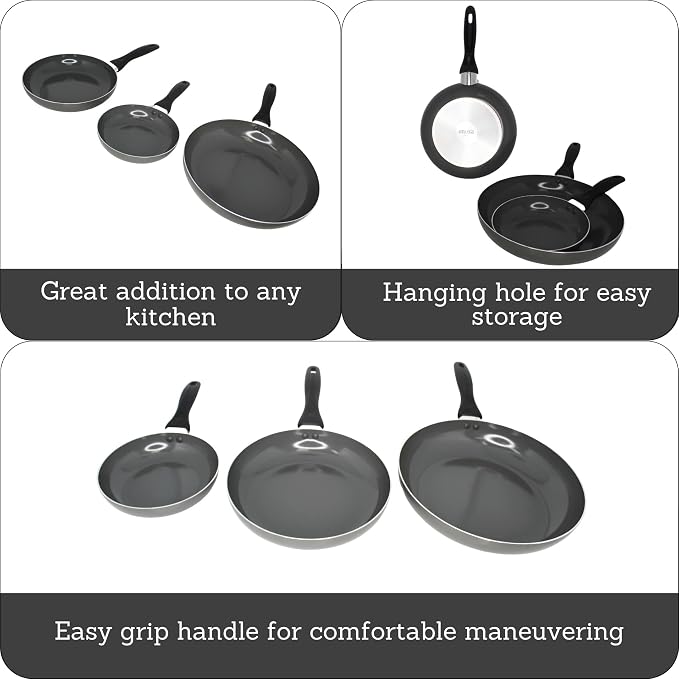 IMUSA 3 Piece 7, 9 & 11 Inch Chef Cera Aluminum Gray Ceramic Fry Pan Set | Ceramic Nonstick Coating, Cool-Touch Handles, Ideal for Sautéing and Searing, Great for Everyday Home Cooking