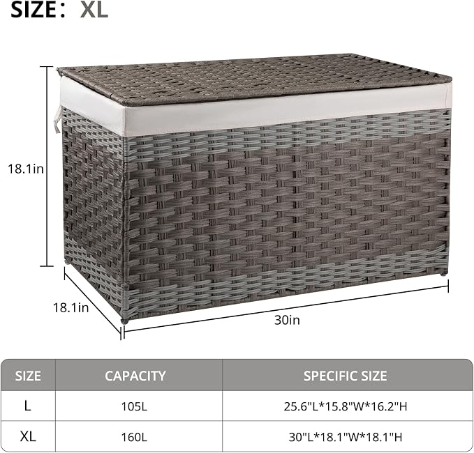 OIAHOMY Storage Basket with Lid, 42.3 Gallon (160L) Blanket Basket with Removable Liner Bag, Synthetic Wicker Hamper with Handle, Foldable, Hamper for Living Room, Grey