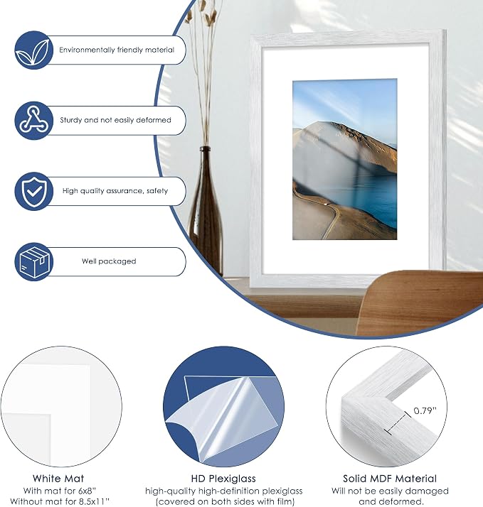 8x10 Picture Frame Set of 6, Wall or Tabletop Display, Silver | Display Pictures 5x7 with Mat or 8x10 Without Mat, Horizontal or Vertical, Gallery Wall Frame Set, Wedding Birthday Gifts