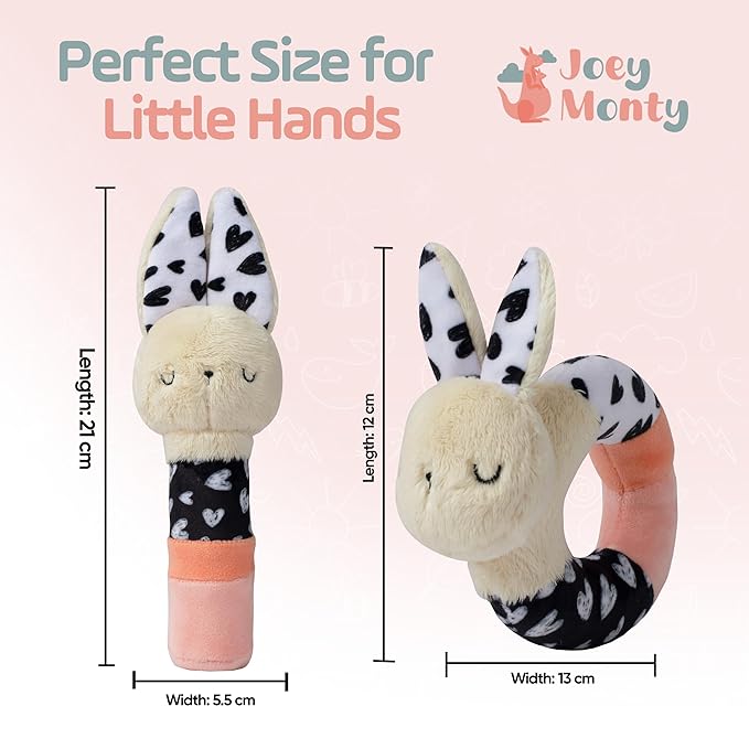 Bella Bunny Sensory Rattle Set – Newborn Rattle & High Contrast Baby Toys (0–6 Months), Soft Plush Bunny Lovey for Play & Gift Giving