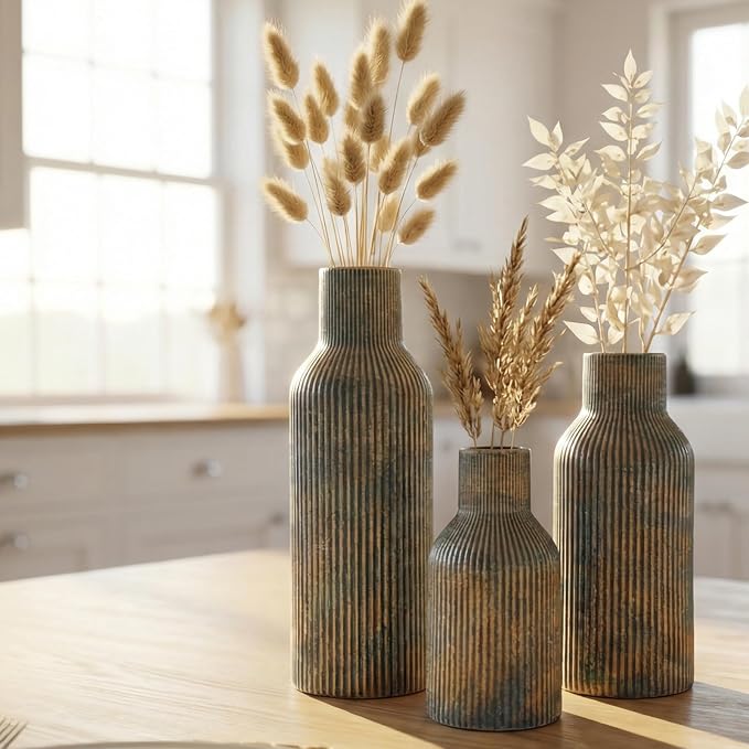 Vintage Blue Ceramic Flower Vases Set of 3, Modern Matte Vertical Ribbed, Nordic Minimalist Decor for Pampas Dried & Fresh Flowers, Centerpiece for Living Room, Shelf, Entryway, Wedding