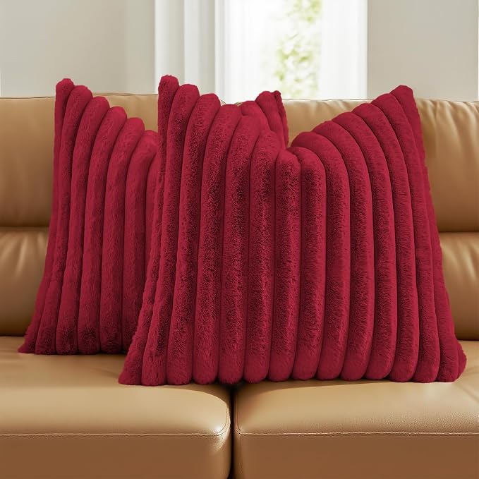 FUTEI Pack of 2 Faux Fur Throw Pillow Covers 18x18 Inch, Retro Red | Fluffy Faux Rabbit Fur Front/Premium Velvet Back,Hidden Zipper,Machine Washable,Non-Shedding,Colorfast,Insert Not Included.