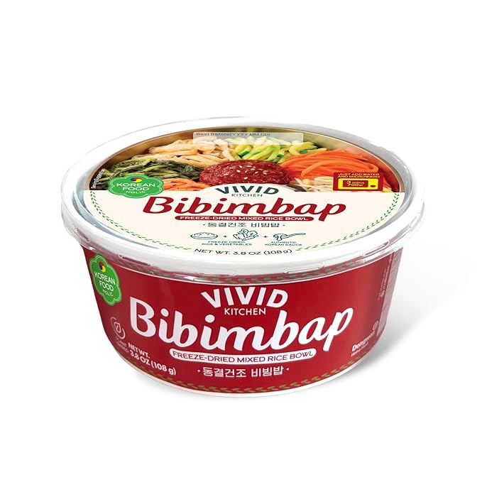 VIVID KITCHEN Freeze-Dried Bibimbap with Zero Sugar Sauce – Plant-Based Korean Meal – 3-Minute Microwave Bibimbap with 8 Vegetables – Lightweight, Portable Bowl (3.8oz / 108g) (1EA)