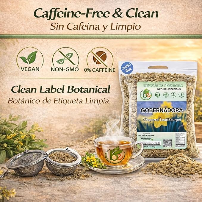 Gobernadora Tea (Chaparral Leaf) 4 oz with Stainless Steel Tea Infuser – 100% Natural Larrea tridentata – Traditional Desert Herb for Wellness – Wildcrafted, Caffeine-Free, Vegan – Authentic by BEXPERTSUSA