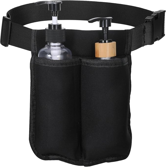 ElevateTech Massage Bottle Bag, Lotion Oil Waist Holder Organizer Adjustable Durable Black Portable Storage Pouch Belt Hanging Easy Access Accessories Gifts (Double-Sided)